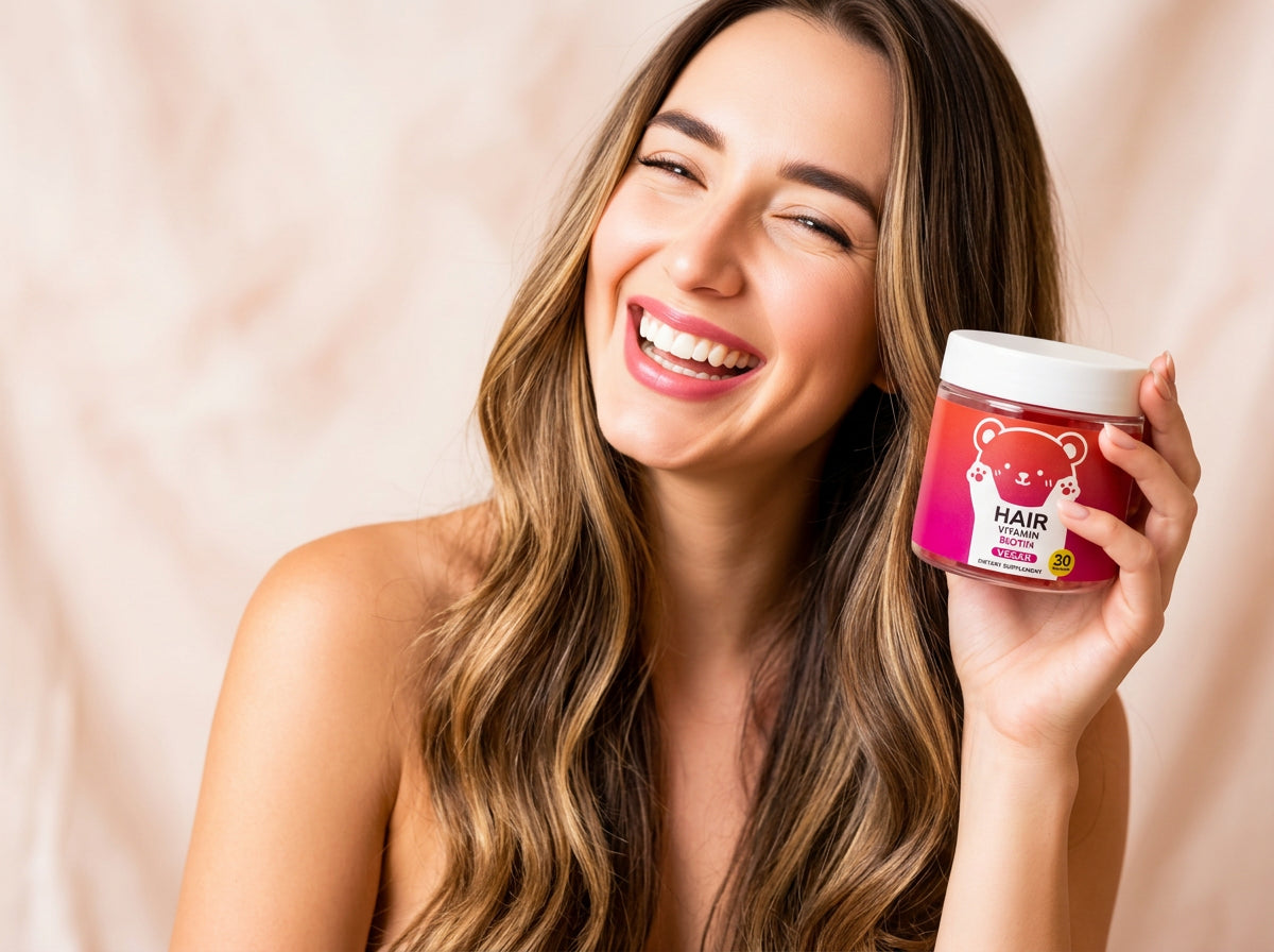 Woman holding Hair Vitamin Biotin jar